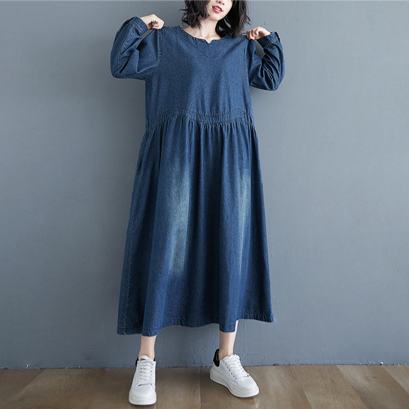 Round Collar Denim Long Dress – G-Denim