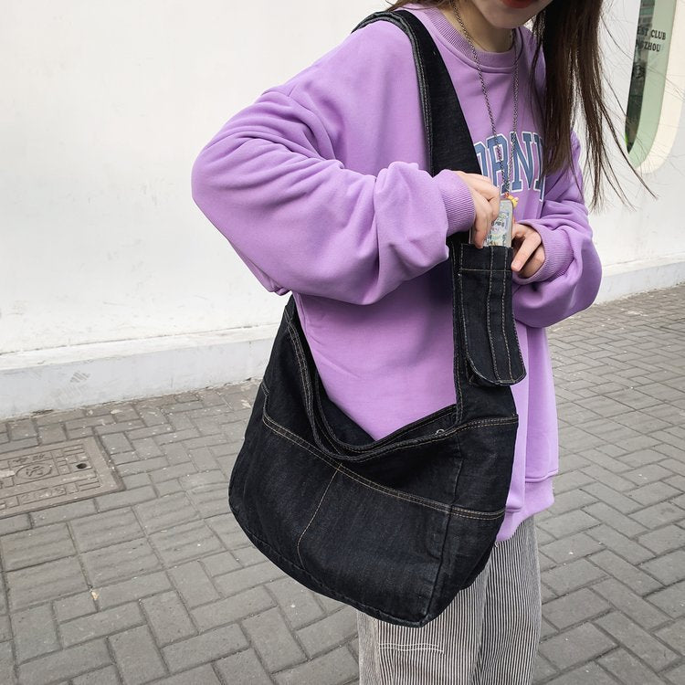 Quick-Access Phone Pocket Denim Shoulder Bag