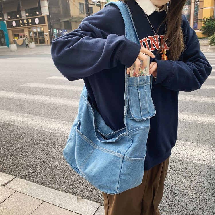 Quick-Access Phone Pocket Denim Shoulder Bag