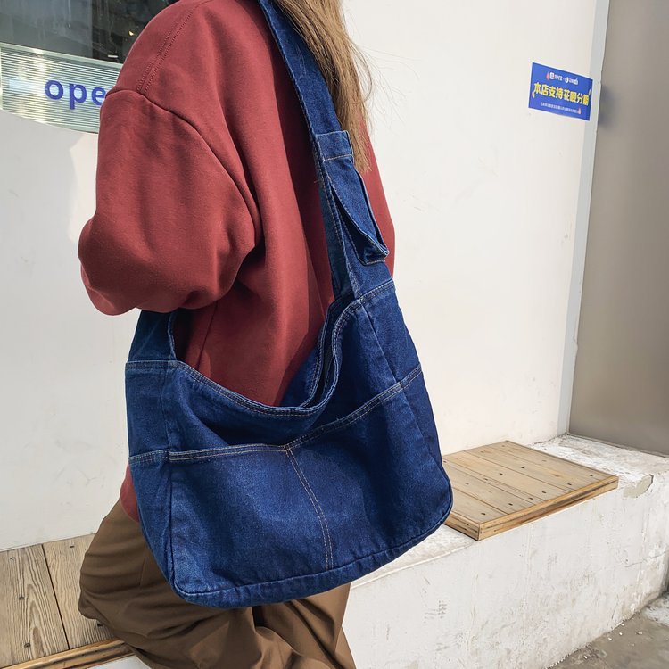 Quick-Access Phone Pocket Denim Shoulder Bag